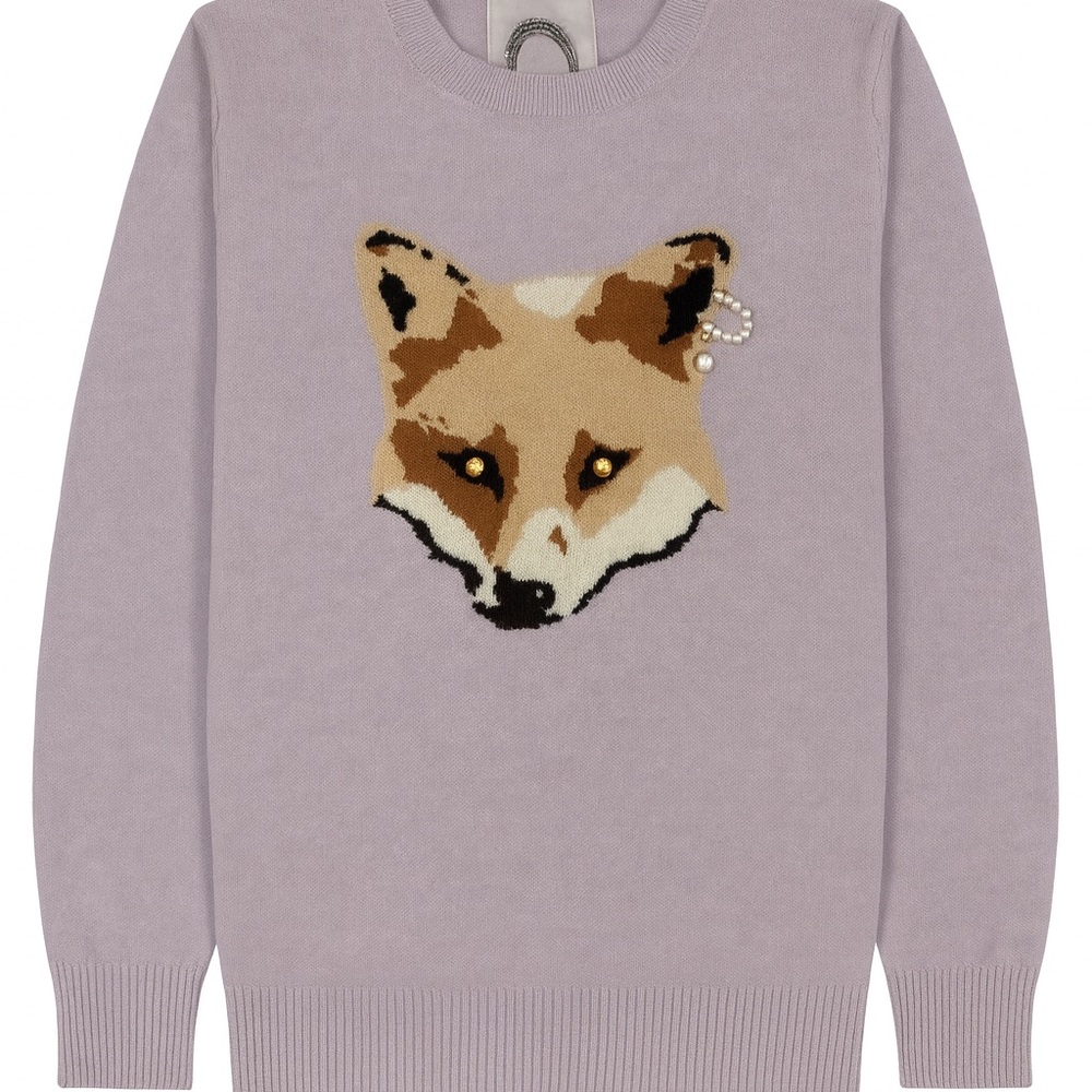 🦊✨ Ricori Angora-Blend Fox Sweater — Rhinestone Eyes & Faux Pearl Earring